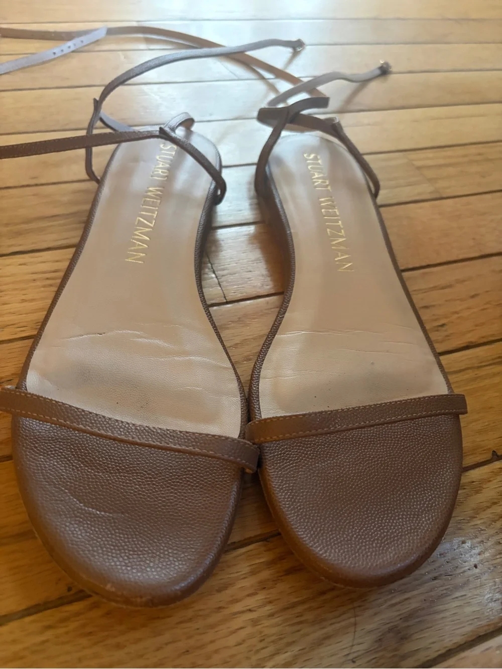 Stuart Weitzman Ankle Wrap Flat Leather Sandals in Camel size 9.5 women’s